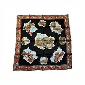 VTG Assisi Italy Souvenir Scarf 26x26" Square Black Tourist Map Landmark Print